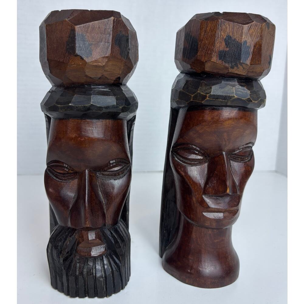 Carved Wood Totem Collectibles Male and Female Jamaica 8" x 2.75" *flaw (photos)